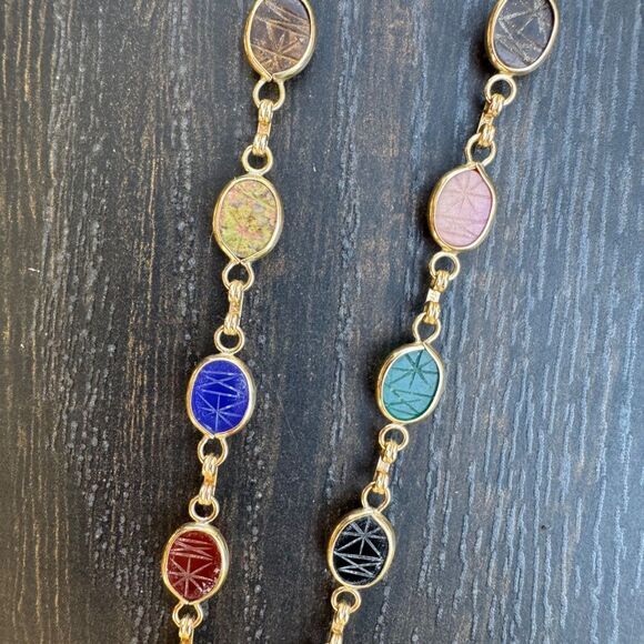 CARLA SCARAB NECKLACE 14K Gold Links 20" Gemstone Scarabs, Vintage Egyptian Rev - Picture 9 of 16